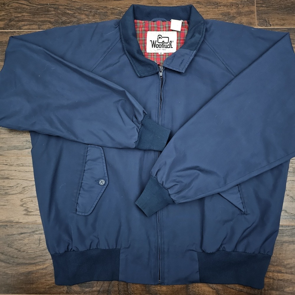 Woolrich Men Sz 44 Dark‎ Navy Blue Red Plaid Lined Full Zip Bomber Jacket Coat